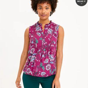 LOFT Floral Lace Trim Mixed Media Shell, Size Large, NWT